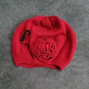 Red Knitted Kids Beanie with Flower Accent